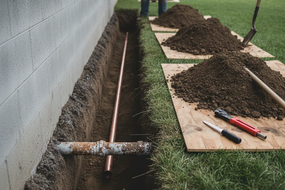 Excavated water line trench during Water Heater Repair in Fork